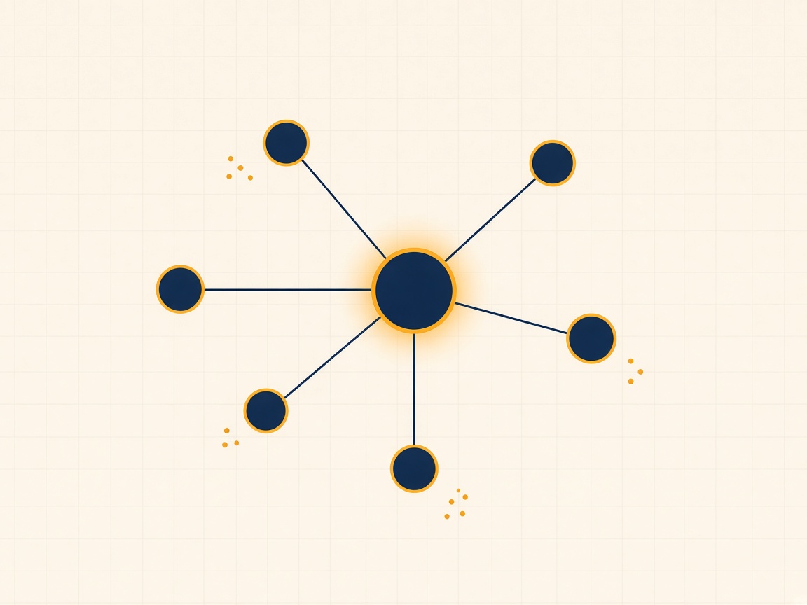 Diagram of a connected information organisation network with a central node and satellite nodes representing categorised data